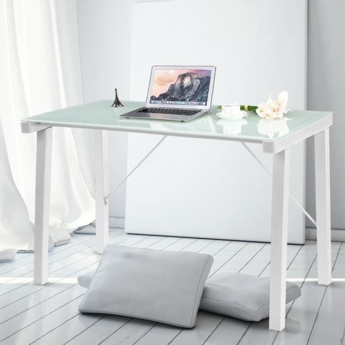 Table bureau blanche 120 cm métal et verre trempé