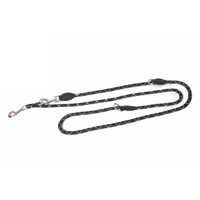 Laisse ronde en corde noire et blanche rayée Ø 10 mm / 2,2 m ajustable à 3 anneaux