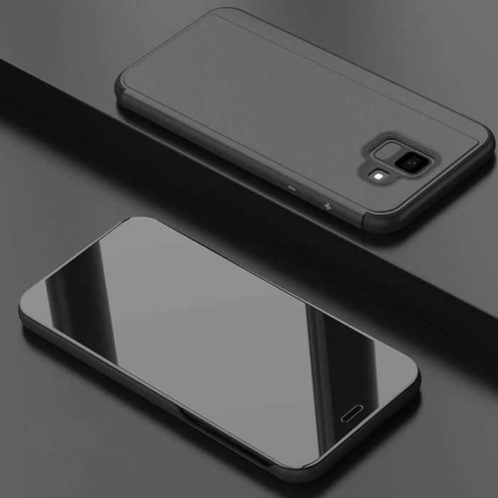 Clear View Housse Etui Samsung Galaxy A6 Plus (2018),Flip Folio Ultra-Mince Translucide Miroir Smart Cover - Noir