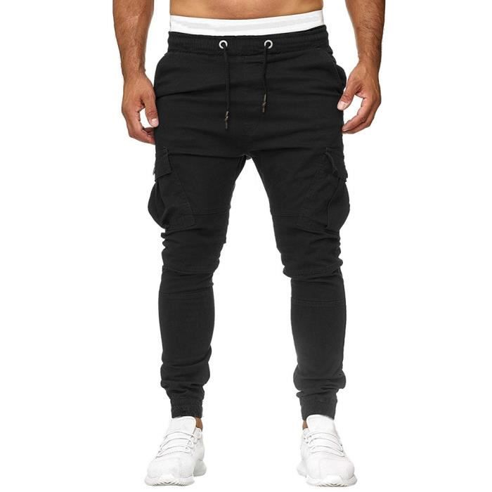 Pantalons de survêtement pour hommes Pantalons Joggings élastiques décontractés Pantalons de sport solides avec poches amplesNoir
