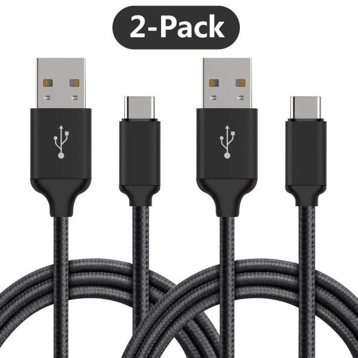 2 Câbles de recharge USB TYPE C pour Samsung Galaxy S9 et S9 Plus ( 2 mètres + 1 mètre , noir )
