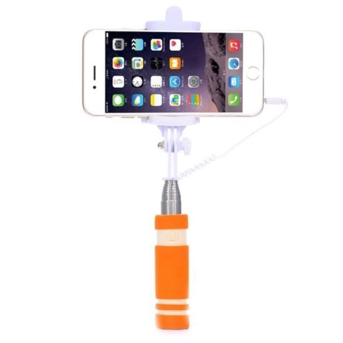 Mini Perche Selfie pour ASUS ZenFone AR Smartphone avec Cable Jack Selfie Stick Android IOS Réglable - Couleur:ORANG