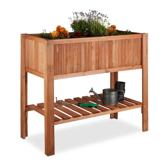 Relaxdays 10020744 Potager sur pied en bois de sapin 4 pieds surface inférieur rangement jardiniere bac à fleurs pot HxlxP: 80 x