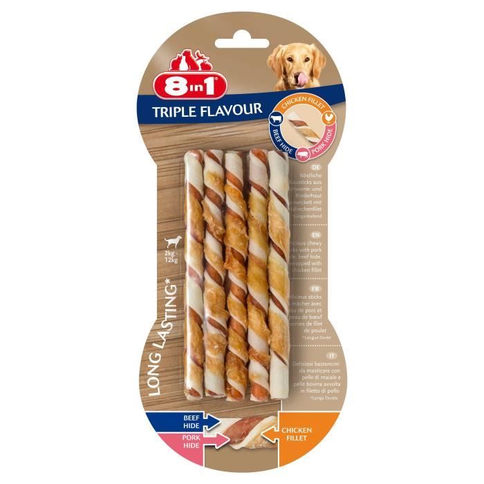 8in1 Triple Flavour Sticks à mâcher Premium aux Bœuf, Porc, Poulet - Pour chien de petite taille - 10 pièces