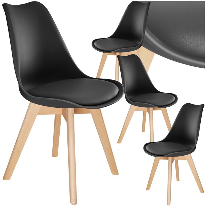 TECTAKE 4 Chaises de Salle à Manger Style Scandinave Pieds en Bois Massif Design Moderne Noir