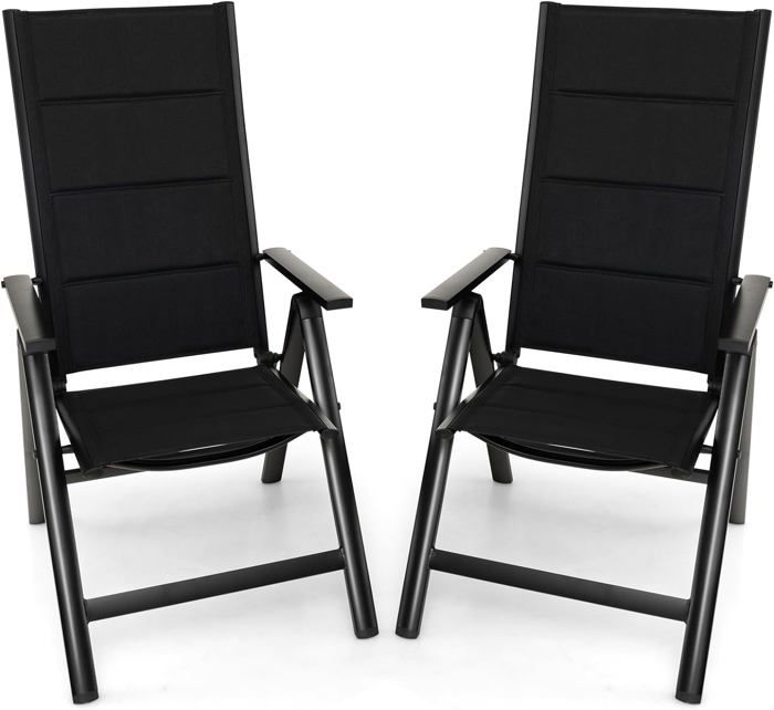 GOPLUS 2 Chaise de Jardin Pliante-Dossier Réglable en 7 Positions-Accoudoirs-Légère/Portable-en Alliage d'Aluminium&Tissu Noir