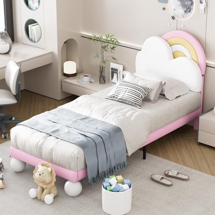lit enfant rembourré en similicuir - 90x200 cm - avec tête de lit réglable en forme d'arc-en-ciel nuage - rose