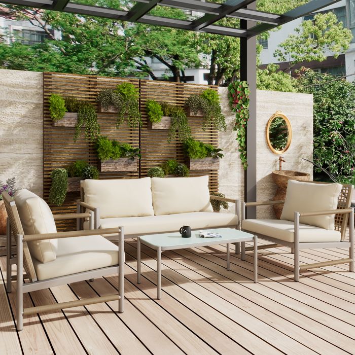 Ensemble de Salon de Jardin Rotin PE -Canapé Fauteuils Table avec oreillers coussins pour Extérieur Jardin Balcon Terrasse