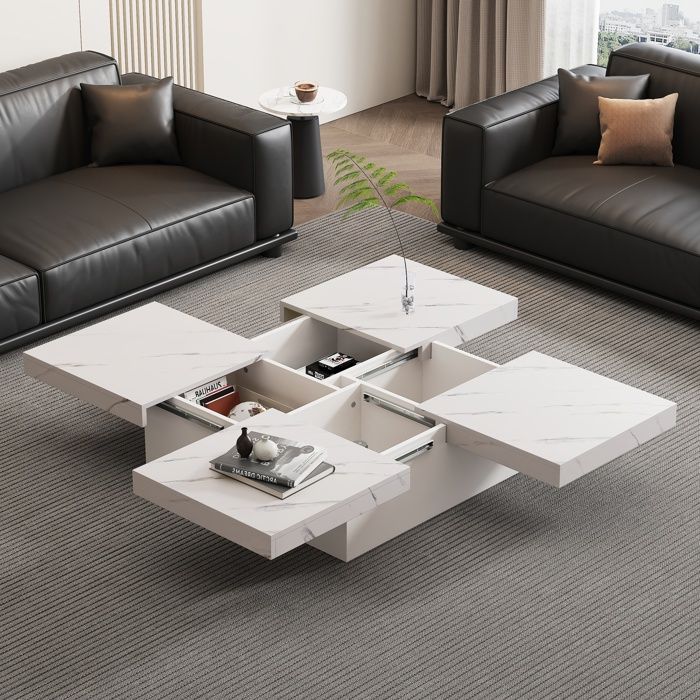 Table Basse Blanc Carré4 Tiroirs de RangementPlateau Coulissant en MarbreMeuble salonTable dappoint Moderne 90x90x25cm