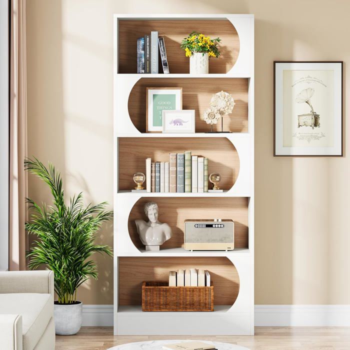 Finmind Bibliothèque à 5 Niveaux 80 x 30 x 180 cm Étagères de Rangement Grande Bibliothèque Cubique Ouverte Blanc Noyer
