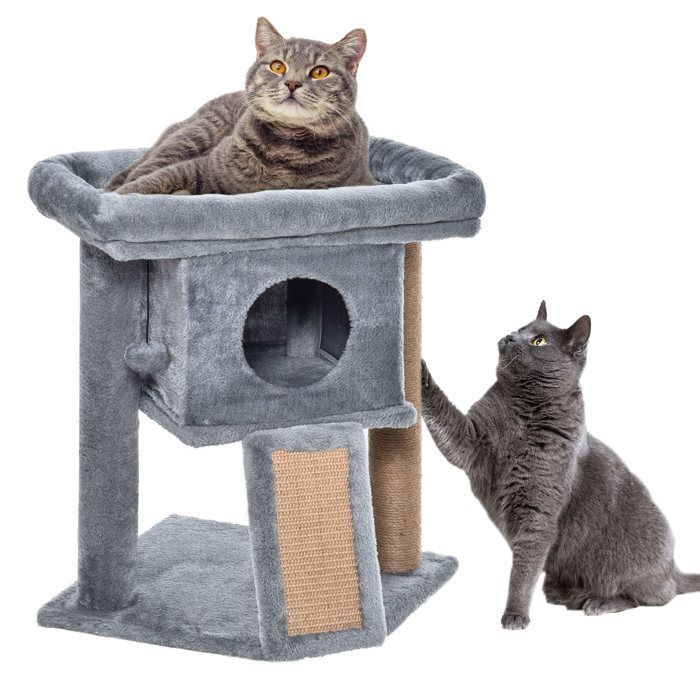 Comparer les prix de Arbre à chat - PawHut - hauteur de 57 cm - griffoir en jute, niche, plateforme et balle de jeu - en tissu peluche gris clair