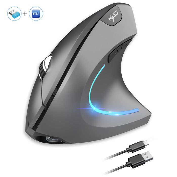 RGB Souris Silencieuse Sans Fil Verticale – HXSJ T22 – 24GHz/Bluetooth – Ergonomie – 2400DPI – 600mAh – Type C Charge – Gris