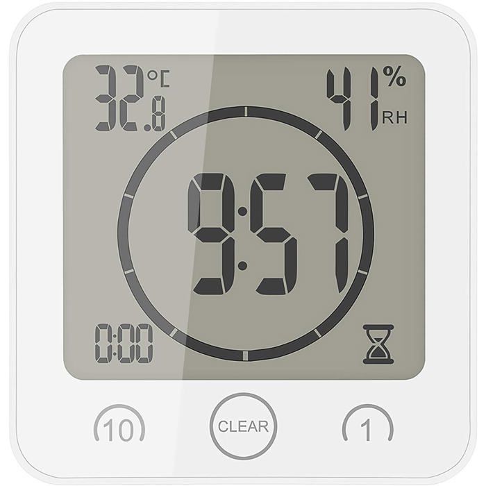 Horloge de salle de bain - PZCC - Version mise à jour LCD - Étanche IP24 - Thermomètre & Hygromètre - Minuterie 99 min