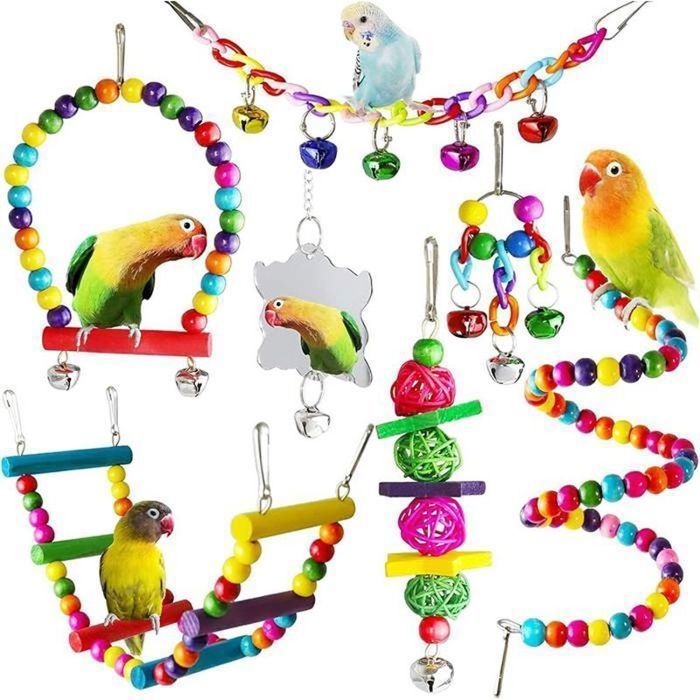 Comparer les prix de Jouets pour Oiseaux - Lot de 7 Jouet Perroquet en Bois Naturel - Couleur Balançoires Échelles Perchoirs Cloches Jouets à Mâcher