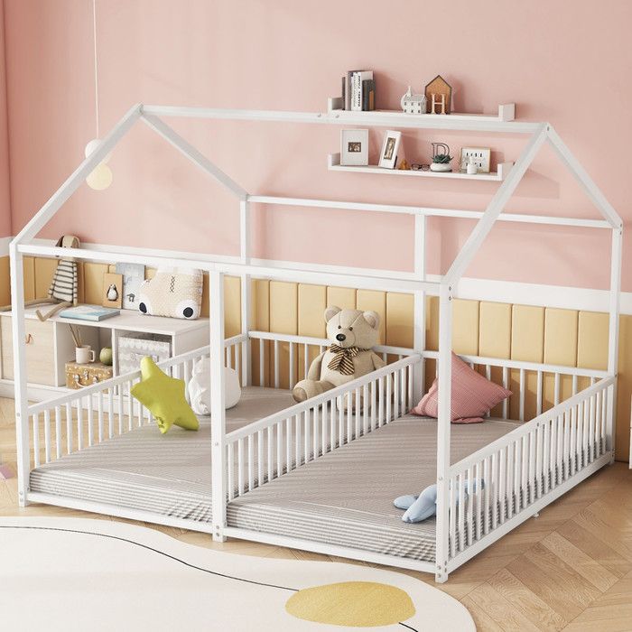 Lit enfant 2 places 90x200cm Lit cabane avec Sommier à lattes Lit à cadre en fer avec Garde-corps de sécurité Lit double Blanc