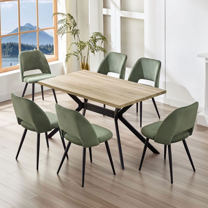 Table de salle à manger avec chaises - WAFTING - WAFTING - 6 places - Grain de hêtre clair - Chaises velours vert