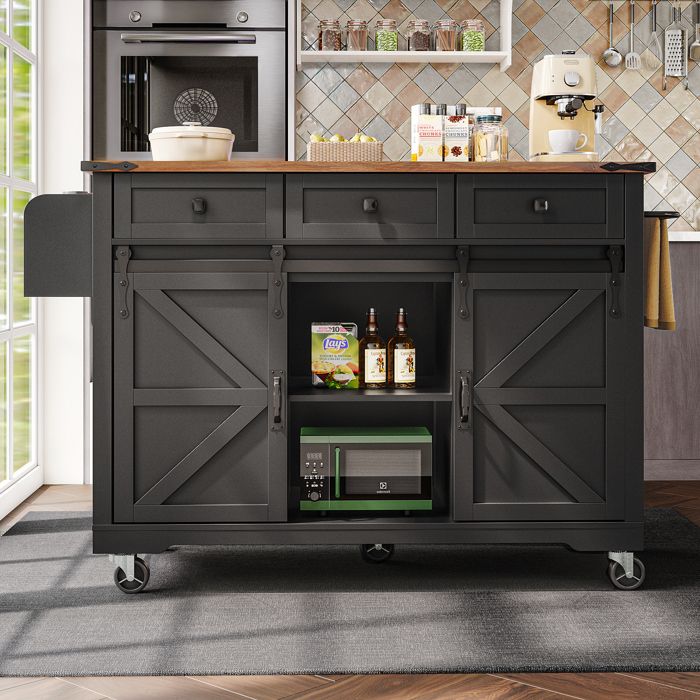Desserte de cuisine à roulettes 140x45-73x94cm Îlot central de cuisine avec plan de travail extensible 3 tiroirs 2 portes Noir Desserte de cuisine à roulettes 140x45-73x94cm Îlot central de cuisine avec plan de travail extensible 3 tiroirs 2 portes Noir