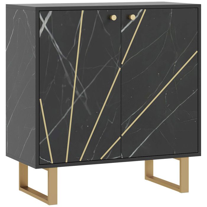 Buffet design - 2 portes étagère - métal doré aspect marbre noir