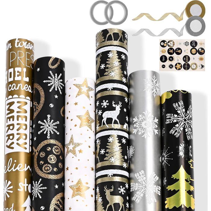 Papier Cadeau Noël Luxe – 6 Rouleaux Recyclables 43×300 Cm Noir, Or, Blanc, Argent