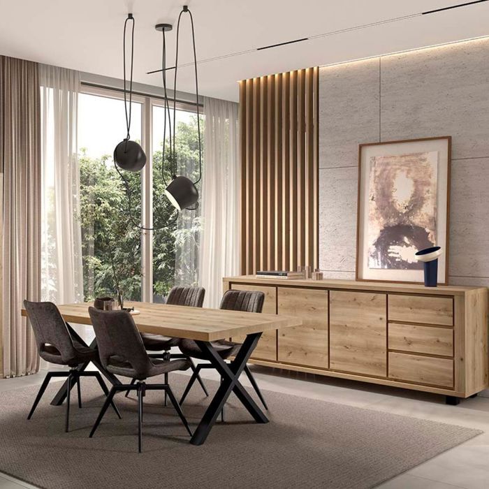 Ensemble séjour table repas 170cm piètement X + buffet aspect bois finition Hudson Oak - URIDSON