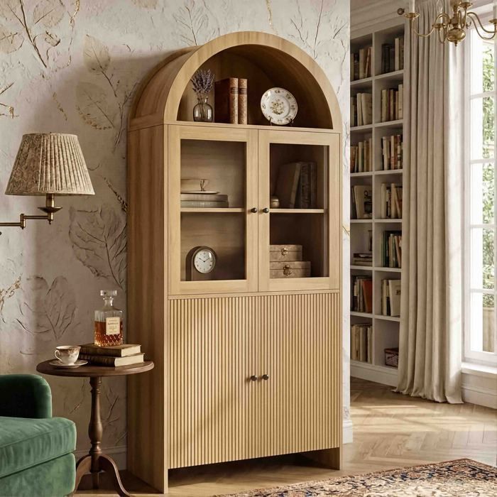 Buffet Haut 78 x 40 x 176 cm - Dessus Arqué - Vitrine & Rangement - Bois Naturel PB
