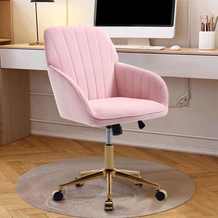 Chaise de Bureau Ergonomique - BELLEMAVE - Hauteur Réglable - Chaise Pivotante - Velours - Pour Chambre et Bureau - Rose et Or