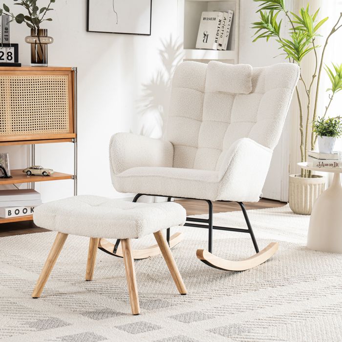 Fauteuil à Bascule Moderne avec Repose-Pieds - Rocking Chair en Tissu Confortable Sur Cadre Métal et Bois - Blanc