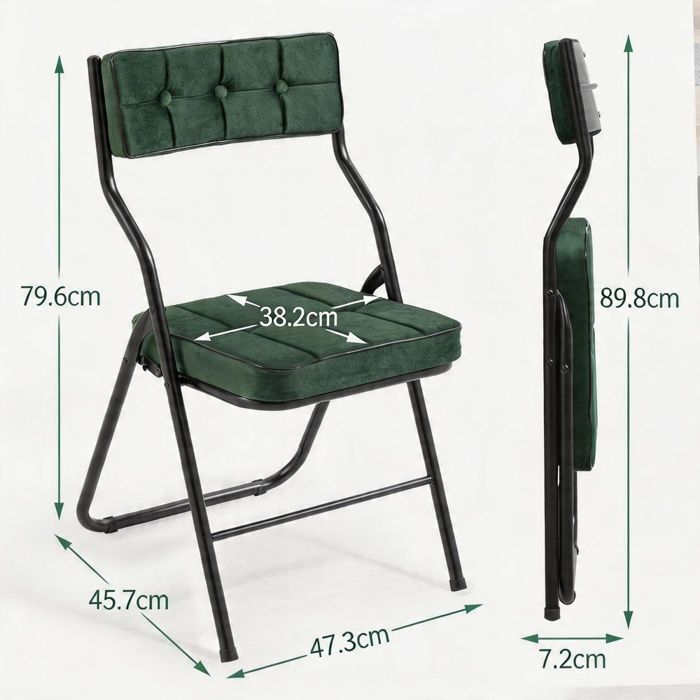 Chaise pliante de salle à manger - Lot de 2 - Velours vert - Cadre acier - Support 113 kg