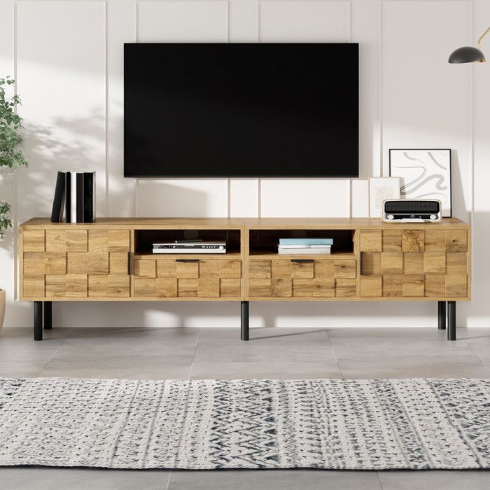 Bladez - Meuble TV 160 x 35 x 42 5 cm avec 2 portes + 2 tiroirs 2 niches ouvertes pieds métal effet bois - Naturel