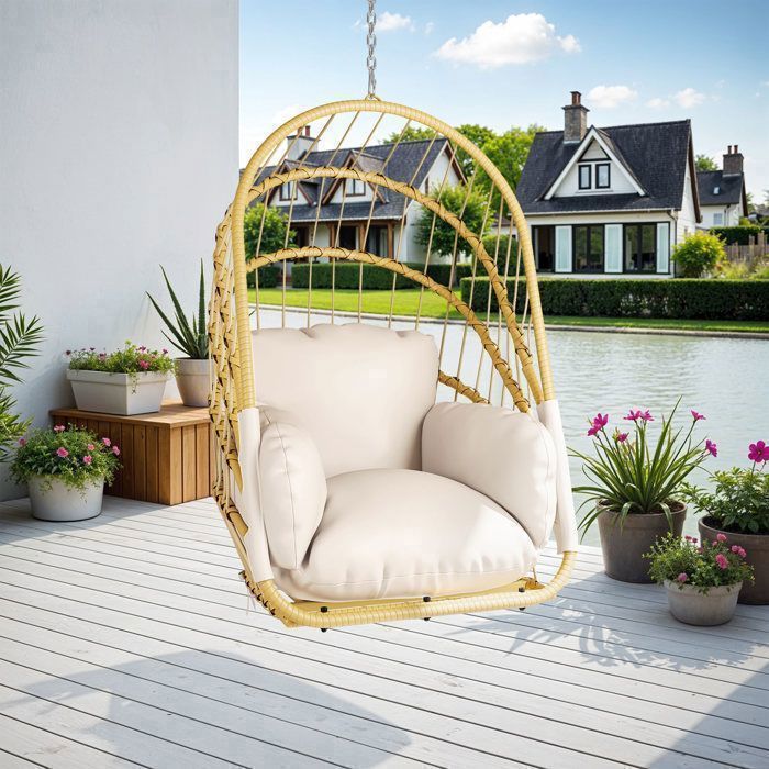 YITAHOME Fauteuil Suspendu en Rotin Pliable avec Coussin - Chaise à Bascule sans Pieds 160kg pour Intérieur et Extérieur -Beige
