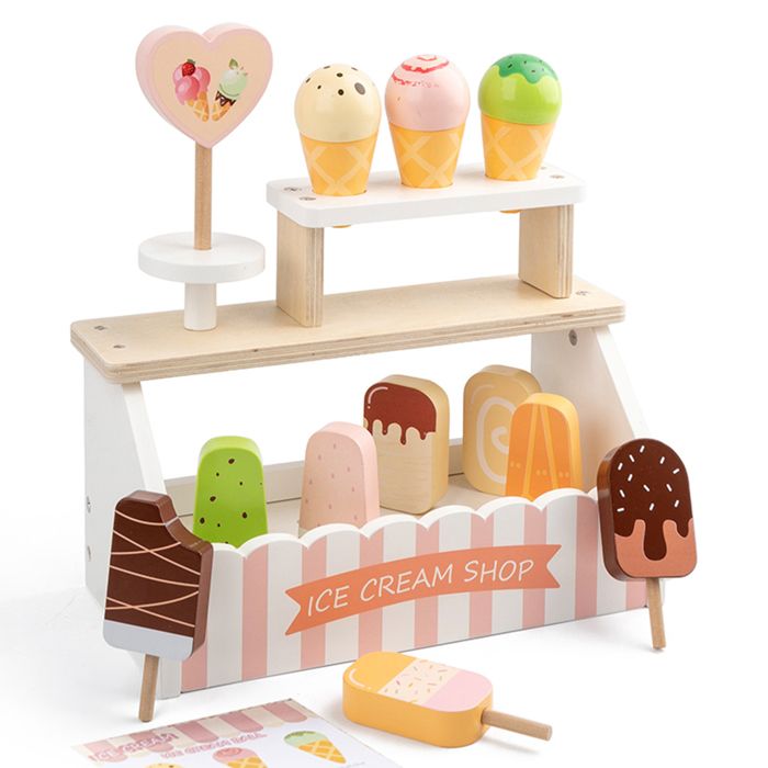 Cuisine jouet en bois - Stand de glaces - 10 pièces - 8 glaces - 1 sucette - 3 glaces supplémentaires