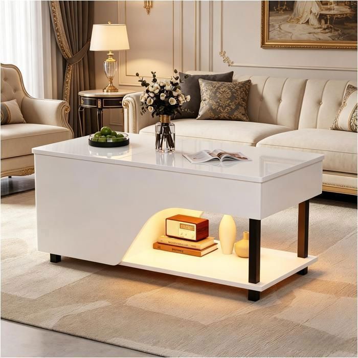 Table basse relevable LED 100 x 50 x 46 cm avec coffre caché niche ouverte et rangements latéraux réglables brillant blanc
