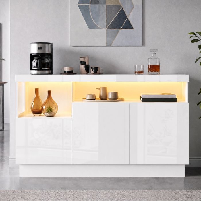 Buffet Blanc avec éclairage LED Meuble de Rangement Moderne en Acrylique Buffet Salon pour Cuisine Salle à Manger 140x36x80cm