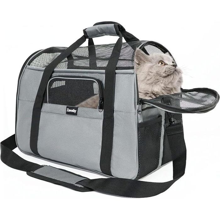 Sac Transport Chat Chien Sac Transport Respirant et Pliable Caisse de Transport Chat avec Bandoulière Réglable Matelas M Gris