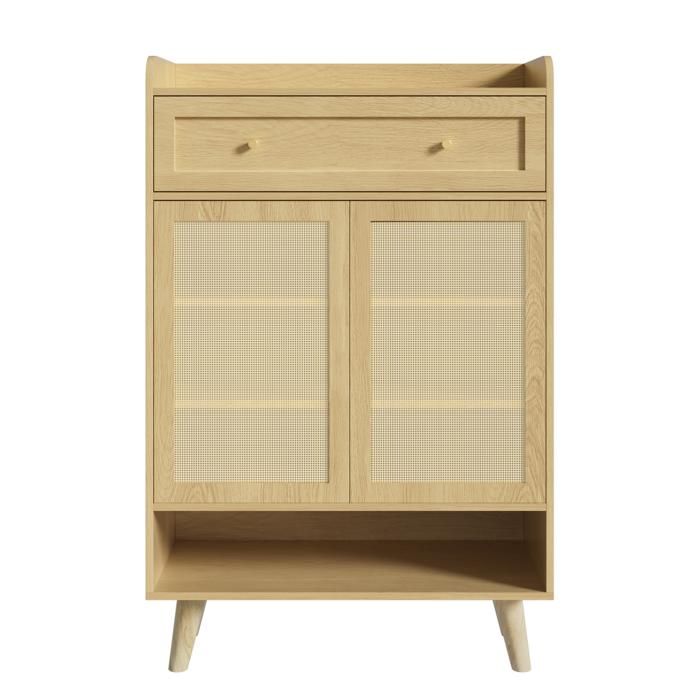 Meuble à chaussures rotin chêne clair 80x35x105cm 2 portes 4 étagères 1 tiroir étagère haute pour entrée couloir salon Meuble à chaussures rotin chêne clair 80x35x105cm 2 portes 4 étagères 1 tiroir étagère haute pour entrée couloir salon