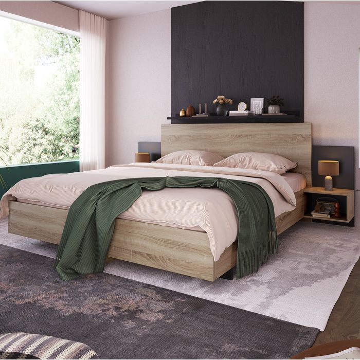 ROVRYN Lit double 160 x 200 cm avec 2 tables de chevet intégrées sommier à lattes chêne Sonoma et gris foncé