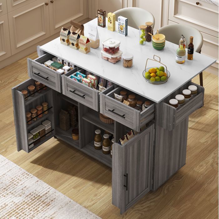 Desserte de cuisine mobile grise et blanche 139 x 46(71) x 91 5 cm avec plateau rabattable 3 tiroirs roulettes