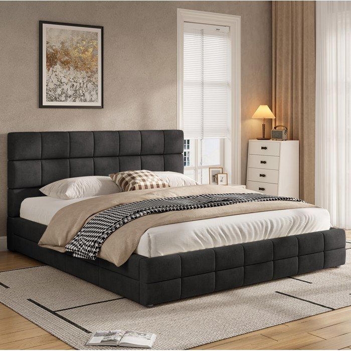 Lit adulte plateforme rembourré 180 x 200 cm avec tête de lit et sommier à 10 lattes velours noir ORVRYN