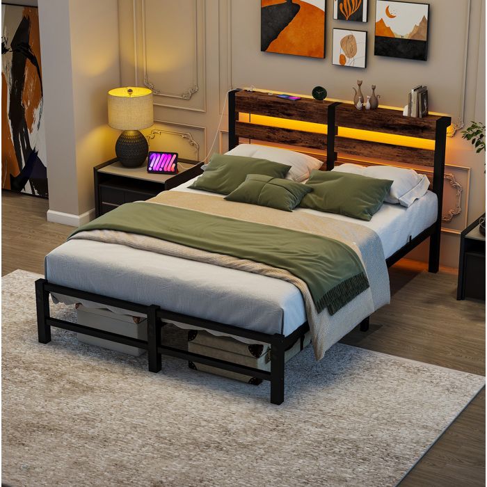 WOVREO cadre de lit 120 x 200 cm avec LED RGB 2 ports USB lattes en acier rangement sous lit noir et marron