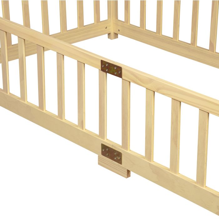 Modenuit Lit au sol enfant 90 x 200 cm avec barrières de sécurité accès central arrondi bois de pin naturel