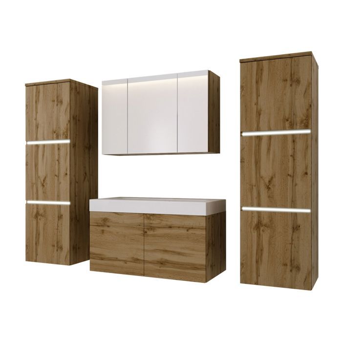 Ensemble meuble salle de bain - 3XE LIVING - Wotan Chêne - 160 x 130 cm - Façades MDF brillantes - Système ouverture par pression