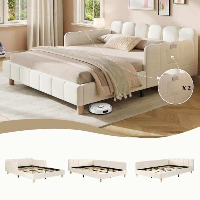 Lit capitonné enfant 140 x 190 cm avec tête de lit barrière de sécurité pieds bois massif velours beige