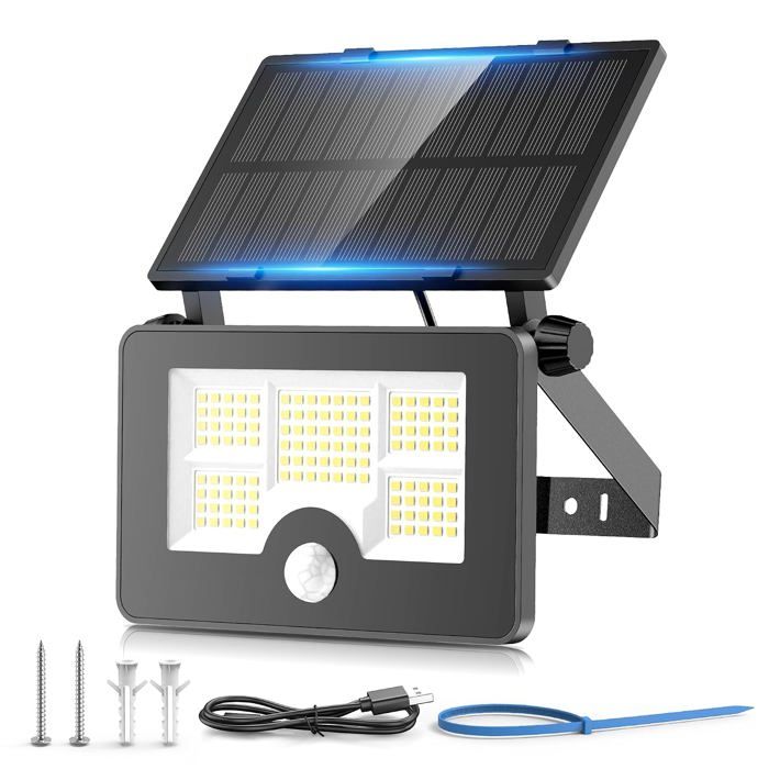 Projecteur Solaire Extérieur 122 LED Détecteur Mouvement USB IP65 Étanche 4 Modes 6500K Sans Fil Jardin Allée Terrasse