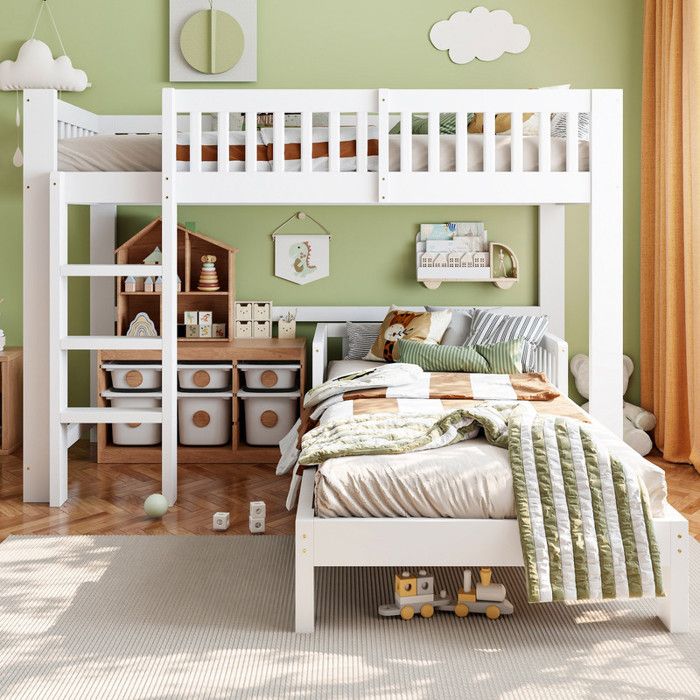 Lit superposé lit enfant modulaire bois massif 90×200 cm lit mezzanine et lit simple combinable barrière de sécurité blanc