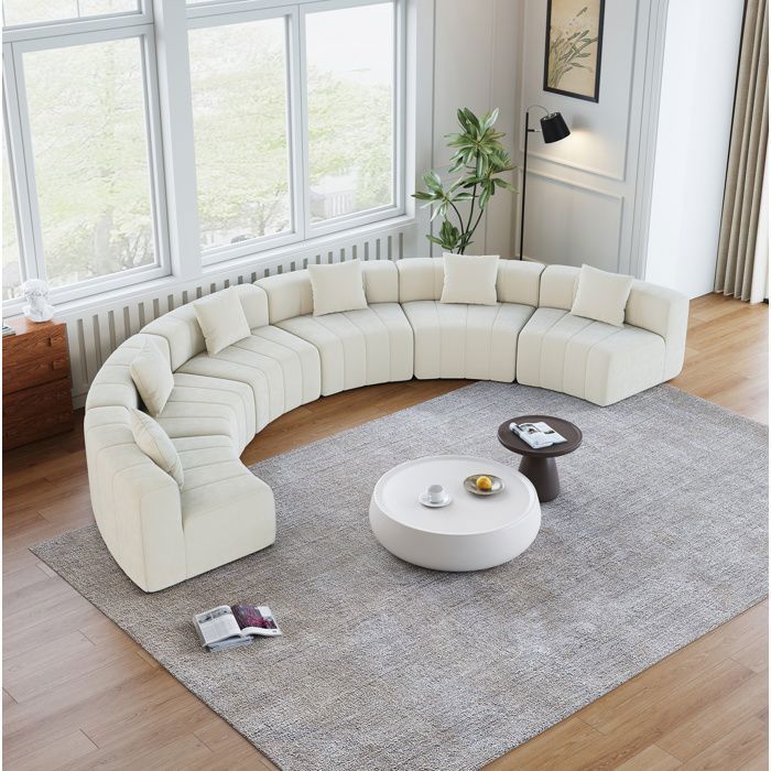 MEULVA Canapé modulable 6 places demi-cercle en chenille beige avec 2 coussins