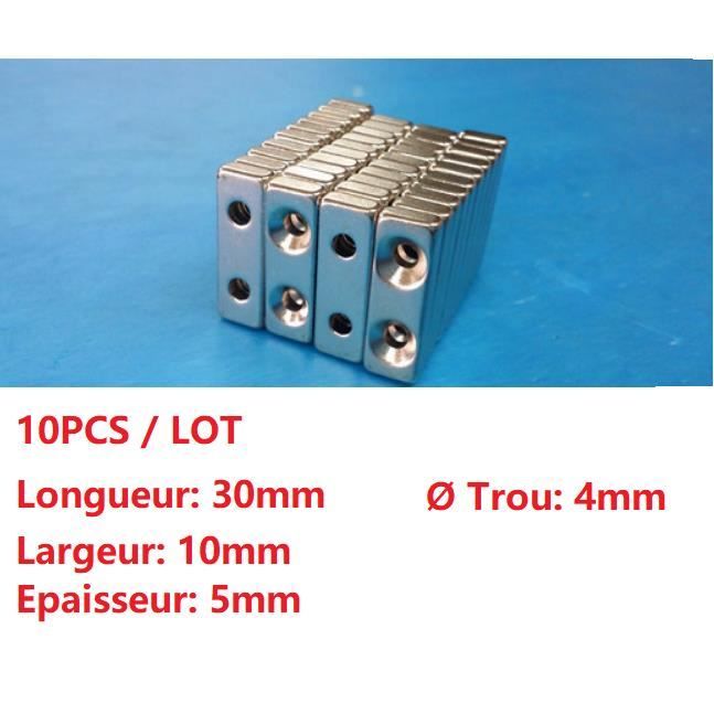 Lot De 10 Aimants Rectangulaires 30x10x5mm - Plaquette à Visser, Double Trous