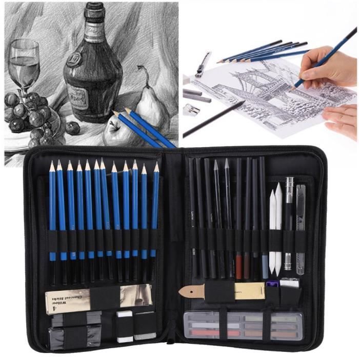 48pcs Kit Croquis Dessin Professionnel Crayons Sac De Outil Peinture Ensemble étudiant Noir Tam