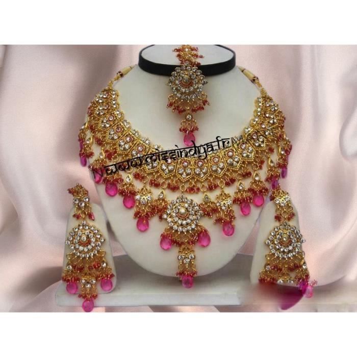 PARURE bijoux indienne DORÉ ET ROSE pas cher