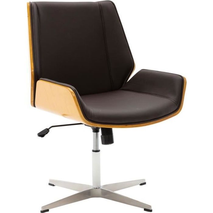 Fauteuil chaise de bureau sans roulettes en similicuir marron et bois clair  hauteur réglable BUR10444 - Cdiscount Maison