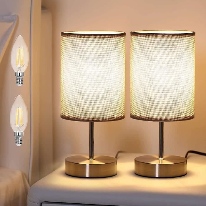 Lot de 2 lampes de table, lampe de bureau dorée de table de chevet, lampe  en bois moderne avec abat-jour en tissu 